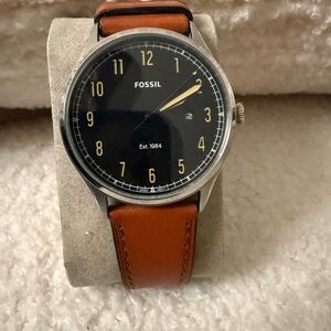 Fossil Silver Case Watch with Black Dial and Tan Strap